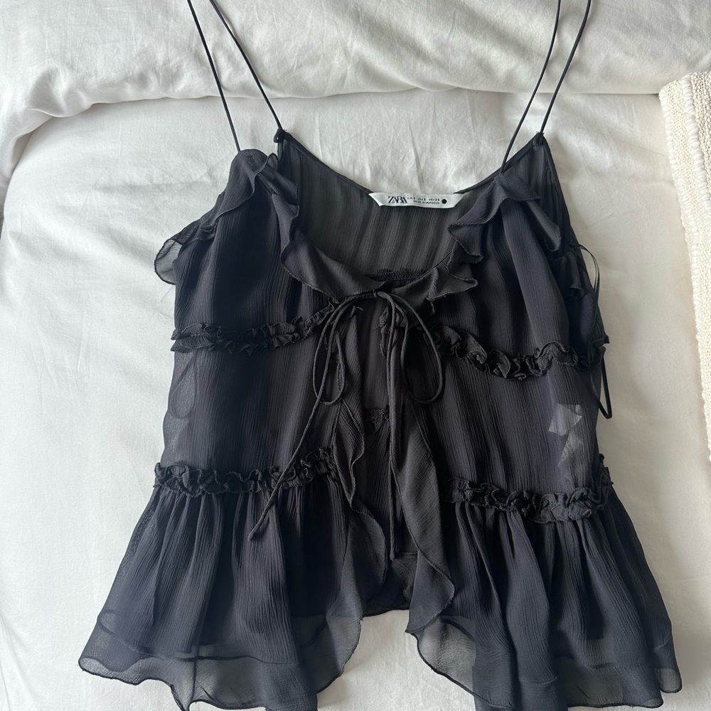 Zara Black Ruffled Tie Front Top